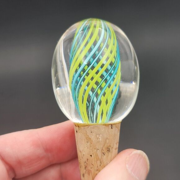 Vtg Blown Glass & Cork BOTTLE STOPPER Blue & Green Twisted Cane Ribbons - Picture 4 of 7